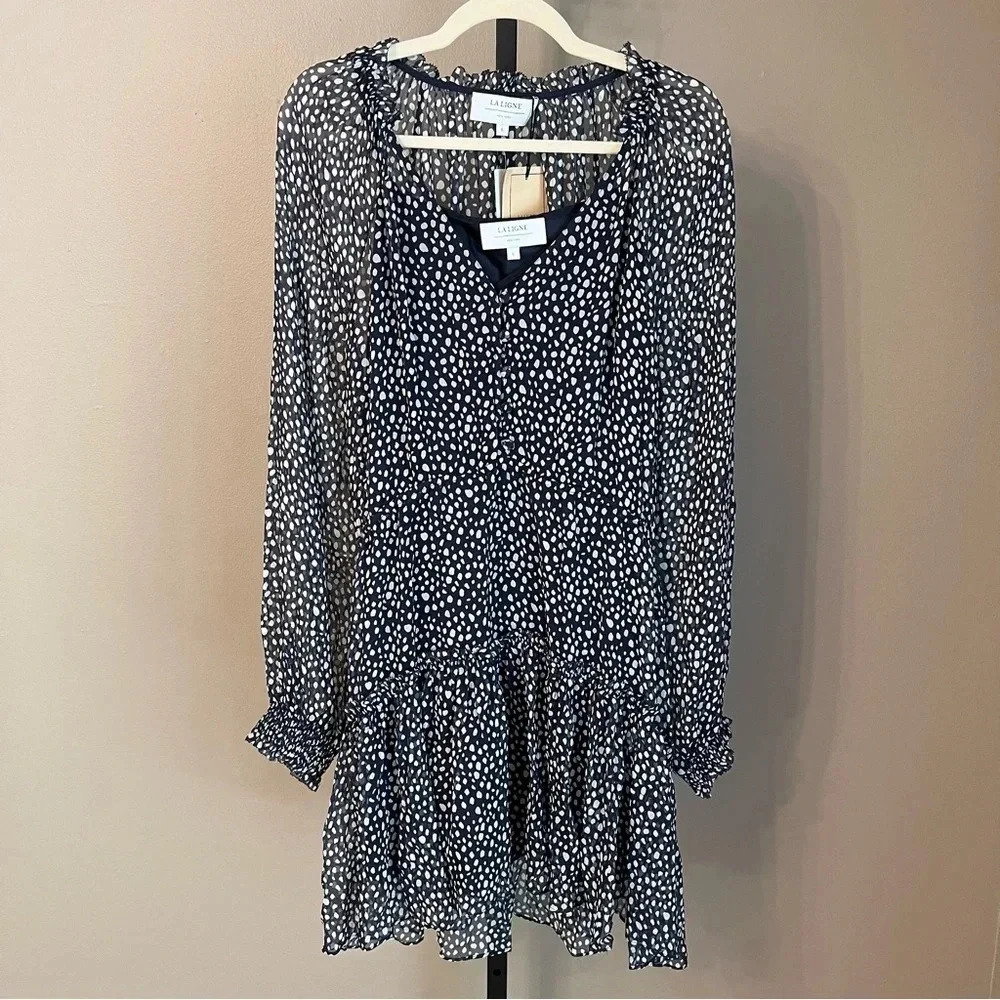 La Ligne Alexi Ruffle Long Sleeve Silk Georgette Minidress Navy Ivory Dot Large - Picture 2 of 9